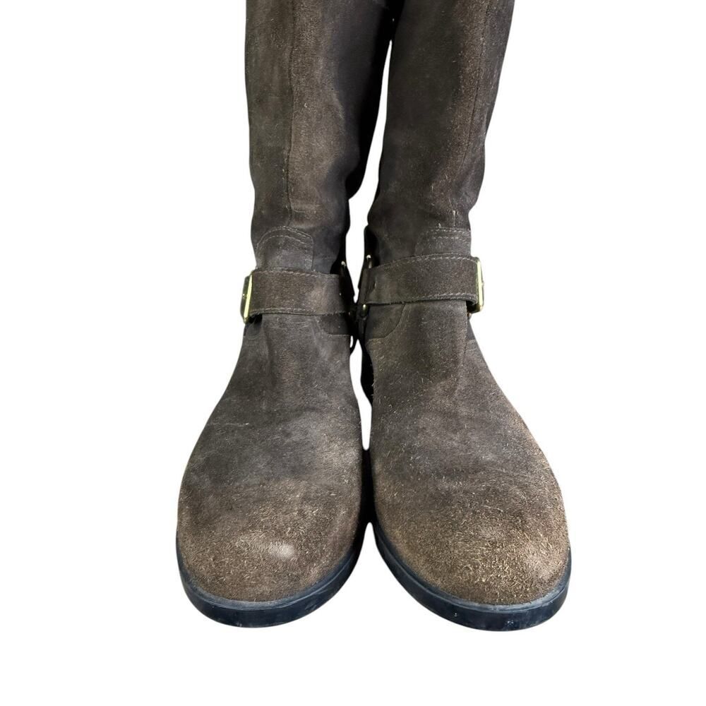 Prada Brown Mid calf Suede Biker Boots with Gold Buckle Logo EU 39 US 9 - Picture 6 of 13